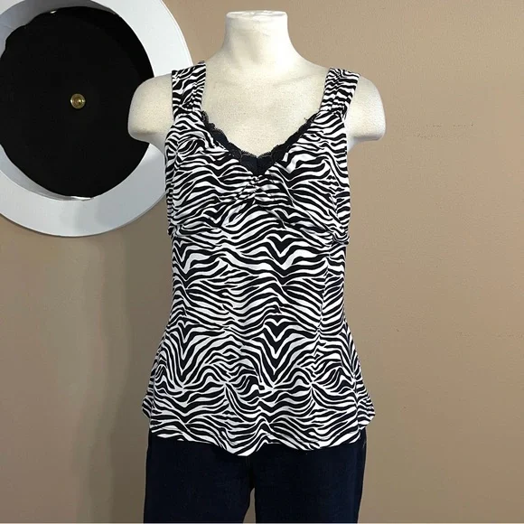 White House Black Market Signature Knits XL Zebra Print Tank with Lace Detail - Picture 1 of 9